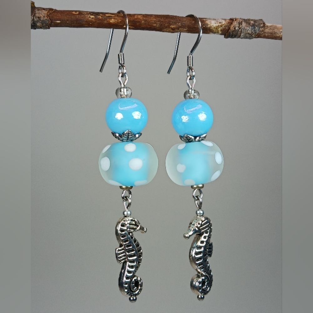 Silver Seahorse Earrings Seaglass Coastal Treasures Artisan Jewelry Handcrafted - Picture 3 of 6